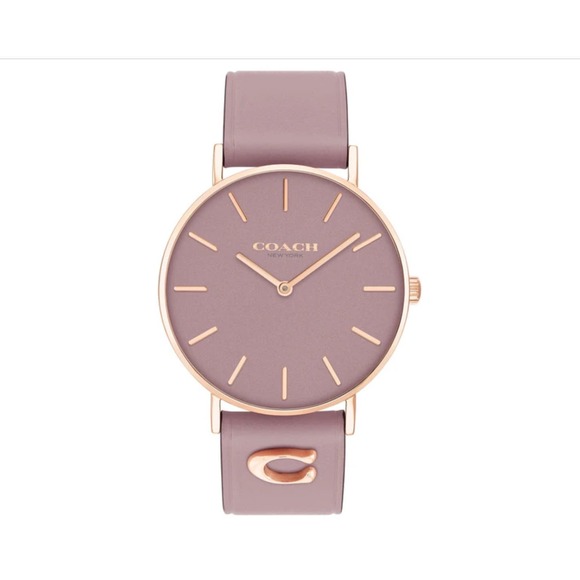 COACH PURPLE LEATHER STRAP WATCH 36MM "PERRY" ROSE GOLD PLATED STEEL - Picture 3 of 10